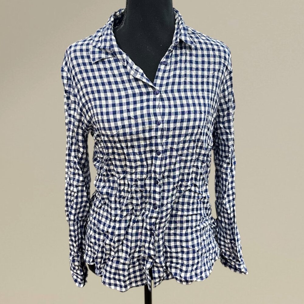 Navy and White Gingham Button-Up Shirt